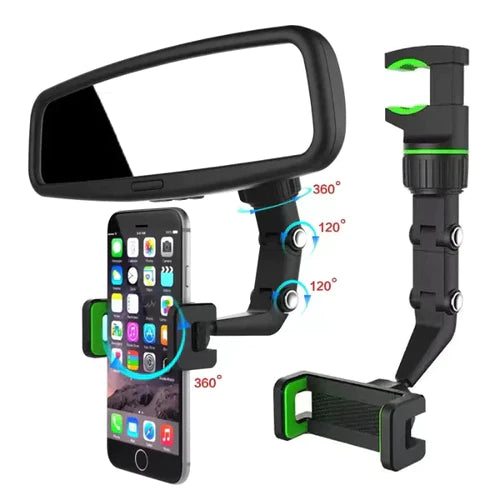 Soporte 360° para celular instalado en espejo retrovisor